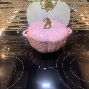 Pink Pumpkin-Shaped Casserole Dish with Gold Accent